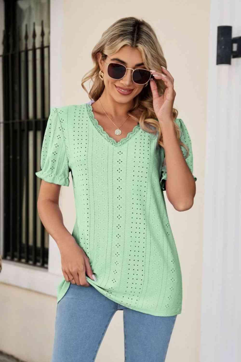 Eyelet Flounce Sleeve Scalloped V Neck Top - Chic Yana's Fashion