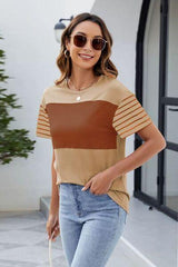 Color Block Round Neck Short Sleeve T Shirt 1 - Chic Yana's Fashion