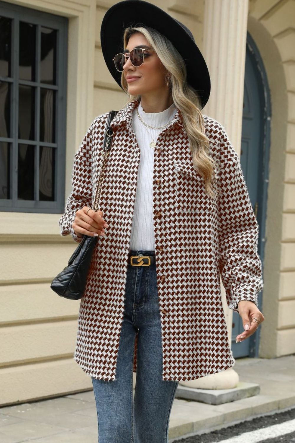 Houndstooth Button Up Dropped Shoulder Coat - Chic Yana’s Fashion