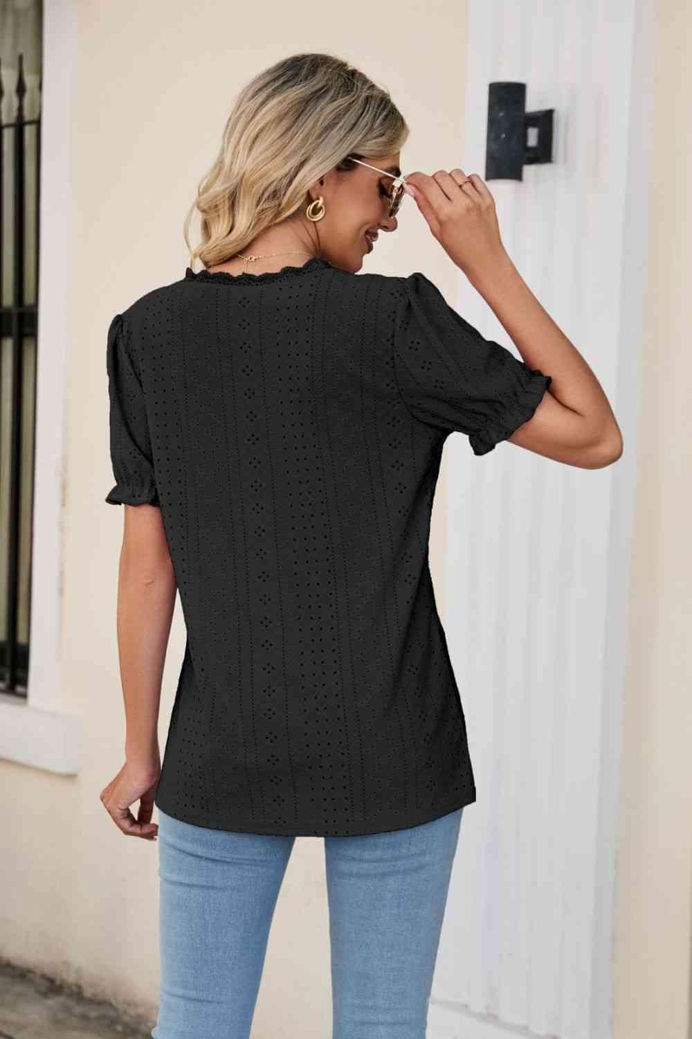 Eyelet Flounce Sleeve Scalloped V Neck Top - Chic Yana's Fashion