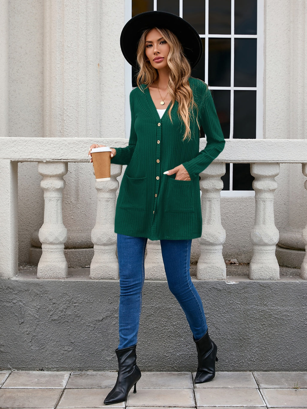 Ribbed Button Down V-Neck Long Sleeve Cardigan - Chic Yana’s Fashion