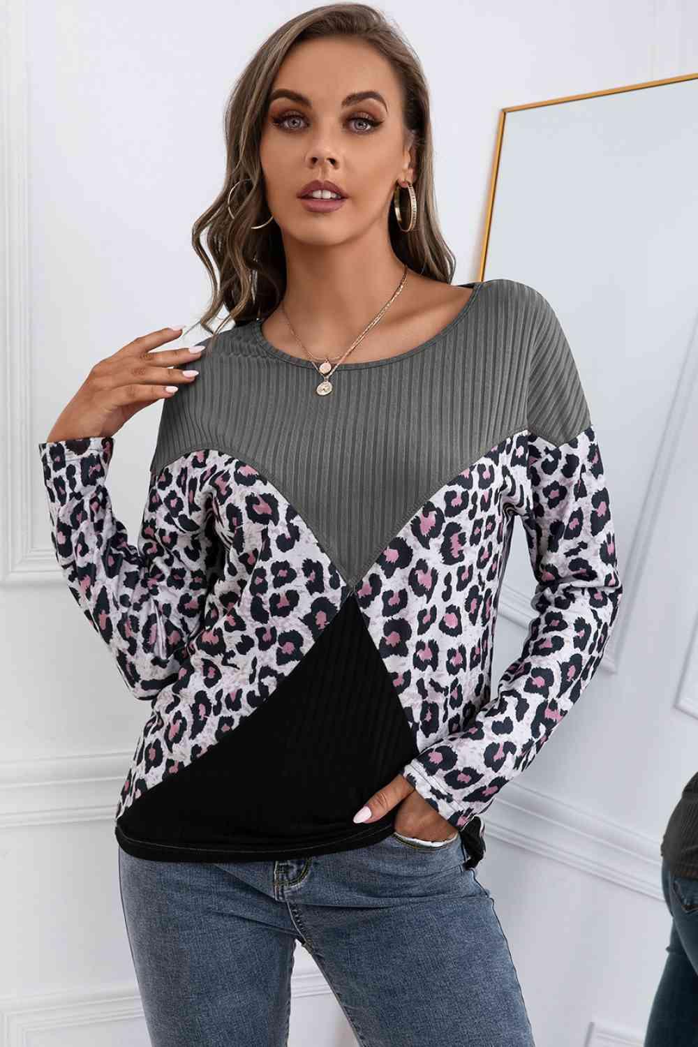 Ivy Lane Leopard Patch Color Block Ribbed Top - Chic Yana's Fashion