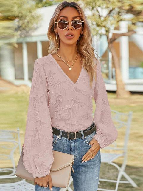 V Neck Long Sleeve Blouse - Chic Yana's Fashion