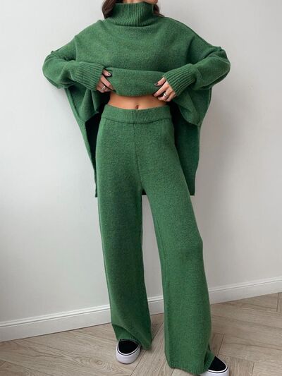 Slit Turtleneck Long Sleeve Top And Pants Sweater Set - Chic Yana's Fashion