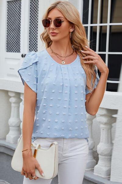 Swiss Dot Round Neck Petal Sleeve Blouse - Chic Yana's Fashion