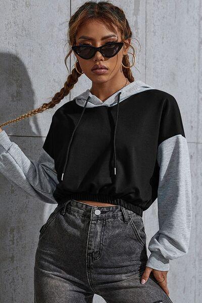 Perfee Contrast Long Sleeve Cropped Hoodie - Chic Yana's Fashion