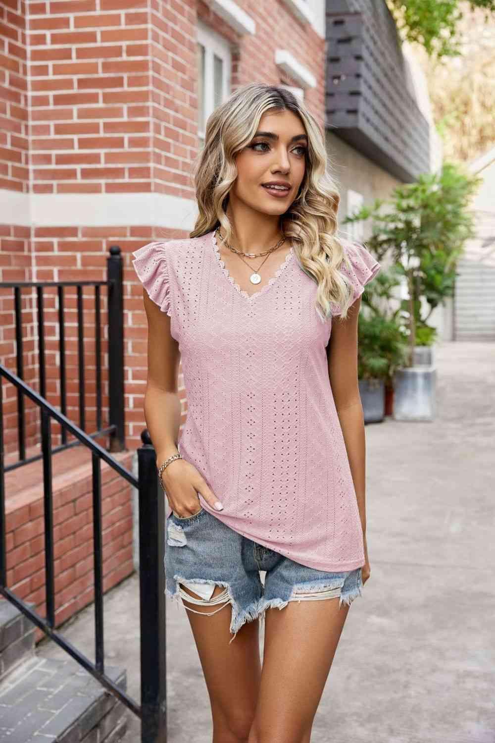 Eyelet Flutter Sleeve Scalloped V Neck Top - Chic Yana's Fashion