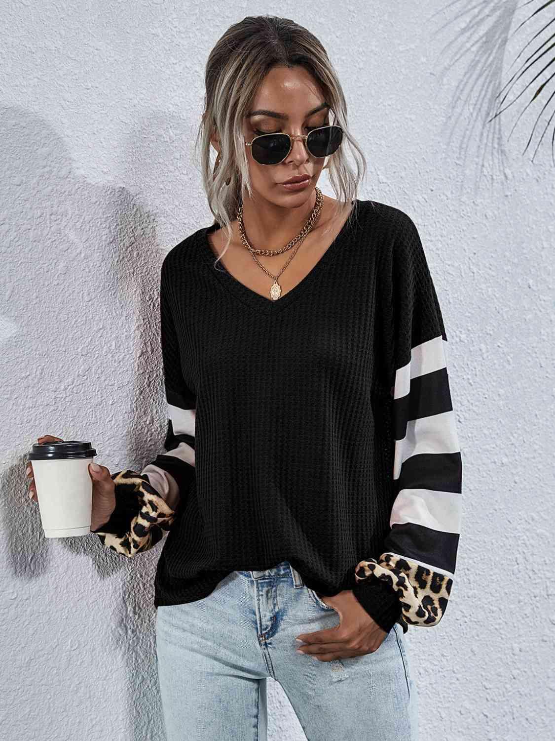 Leopard Striped Waffle Knit Top - Chic Yana's Fashion