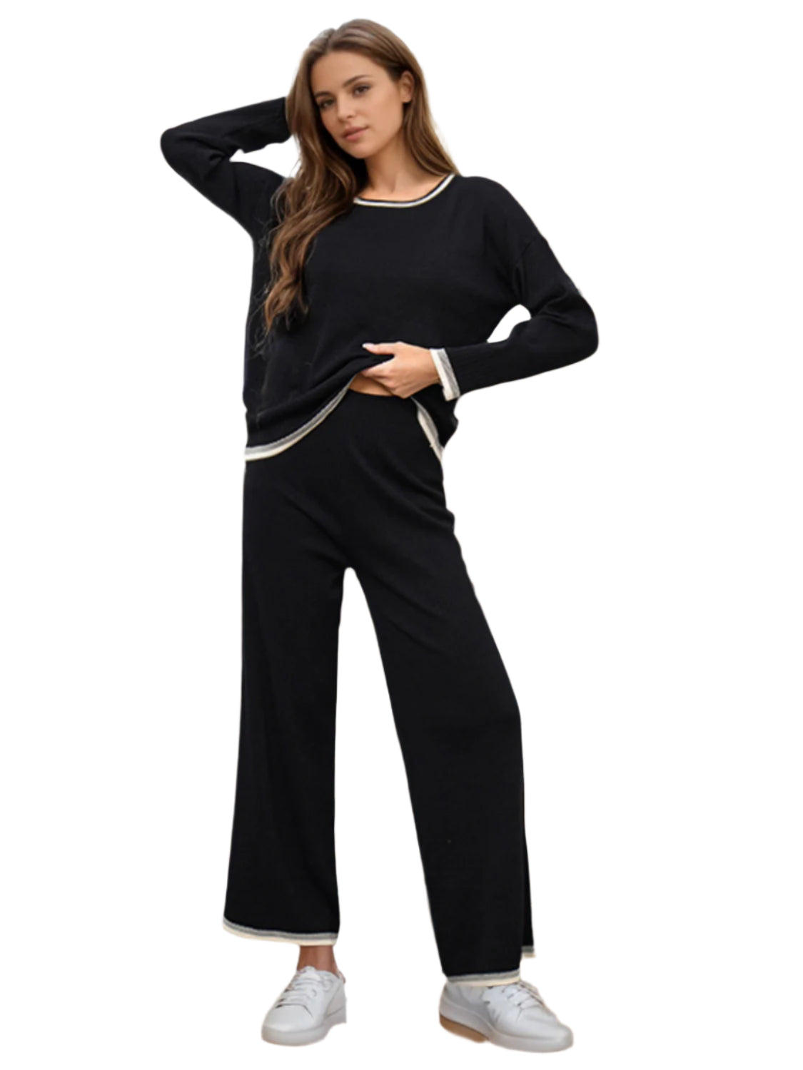 Contrast Trim Round Neck Top and Pants Sweater Set - Shop Now at Chic Yana's Fashion