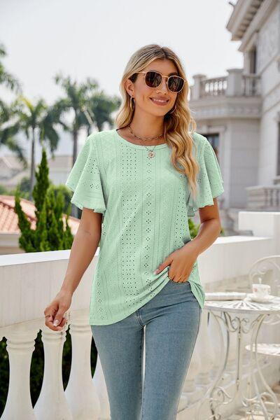 Mandy Eyelet Round Neck Flutter Sleeve Top - Chic Yana's Fashion