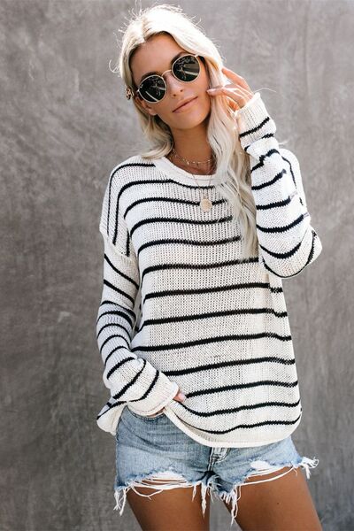 Striped Round Neck Drop Shoulder Sweater - Chic Yana's Fashion