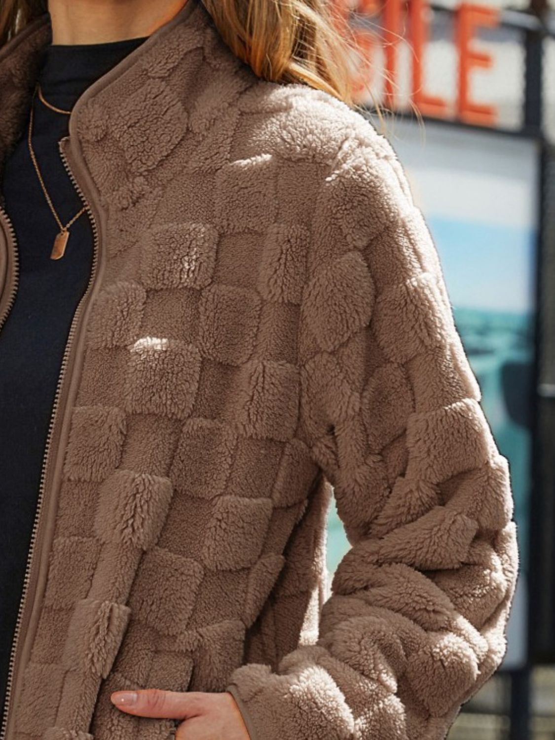 Fuzzy Checkered Zip Up Jacket - Chic Yana’s Fashion