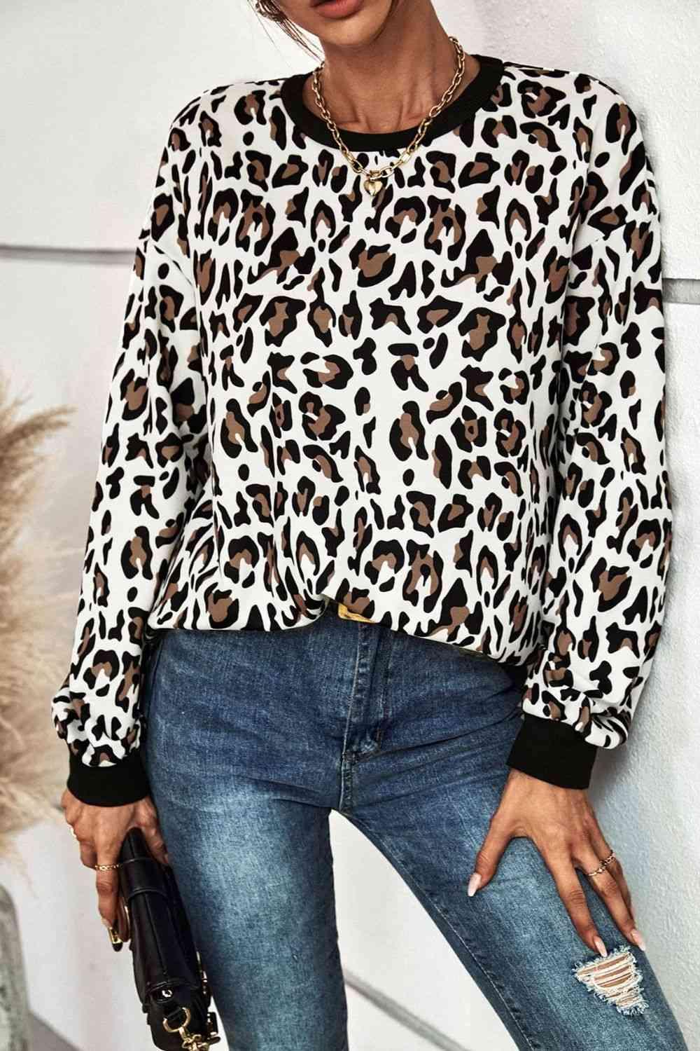 Leopard Round Neck Dropped Shoulder Sweatshirt - Chic Yana's Fashion