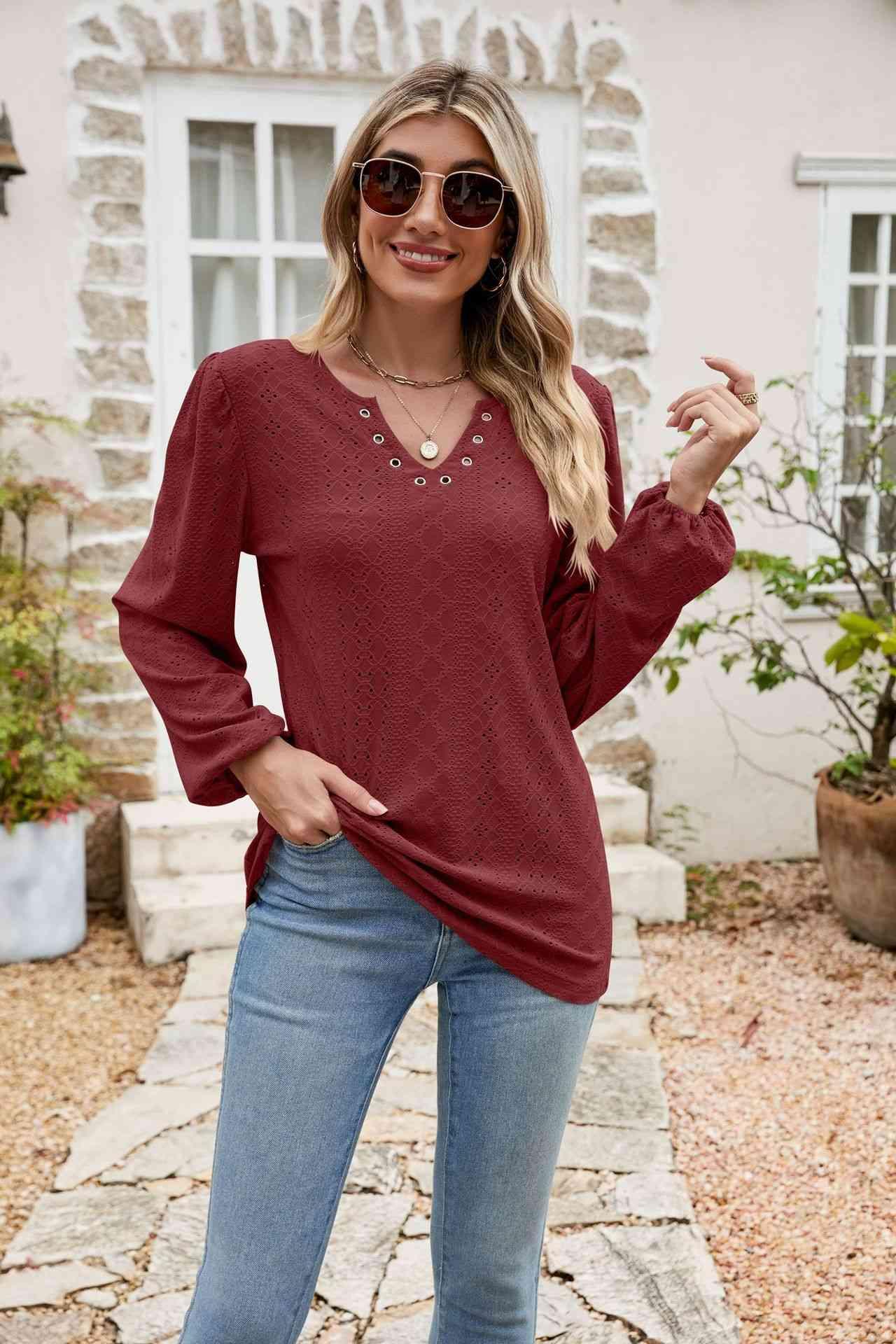 Eyelet Notched Neck Balloon Sleeve Blouse - Chic Yana's Fashion