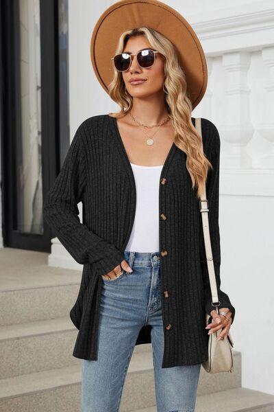 Ribbed Button Up Long Sleeve Cardigan - Chic Yana's Fashion