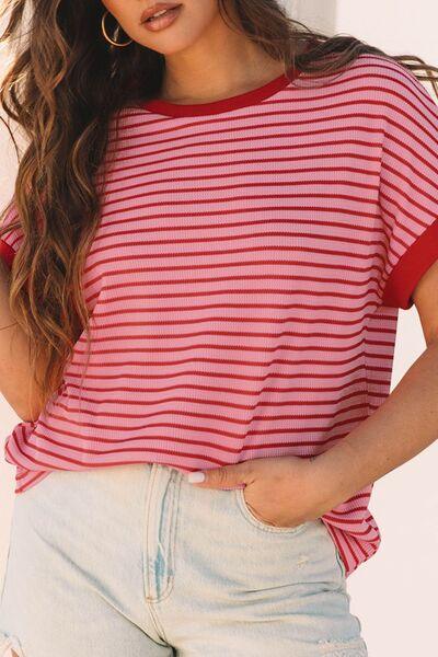 Contrast Striped Round Neck Short Sleeve T Shirt - Chic Yana's Fashion