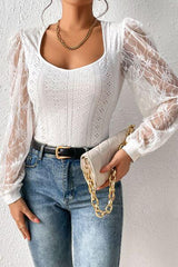 Eyelet Lace Long Sleeve Bodysuit - Chic Yana's Fashion