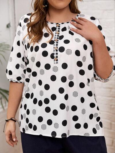 Plus Size Polka Dot Round Neck Half Sleeve Blouse - Chic Yana's Fashion