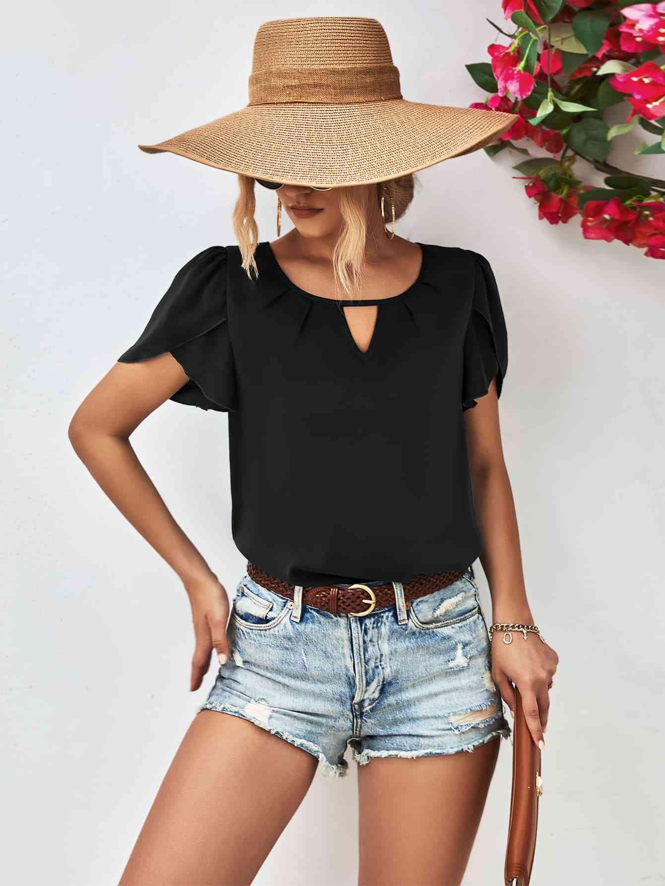 Cutout Round Neck Petal Sleeve Blouse - Chic Yana's Fashion