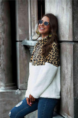 Leopard Color Block Half Zip Collar Teddy Sweatshirt - Chic Yana's Fashion