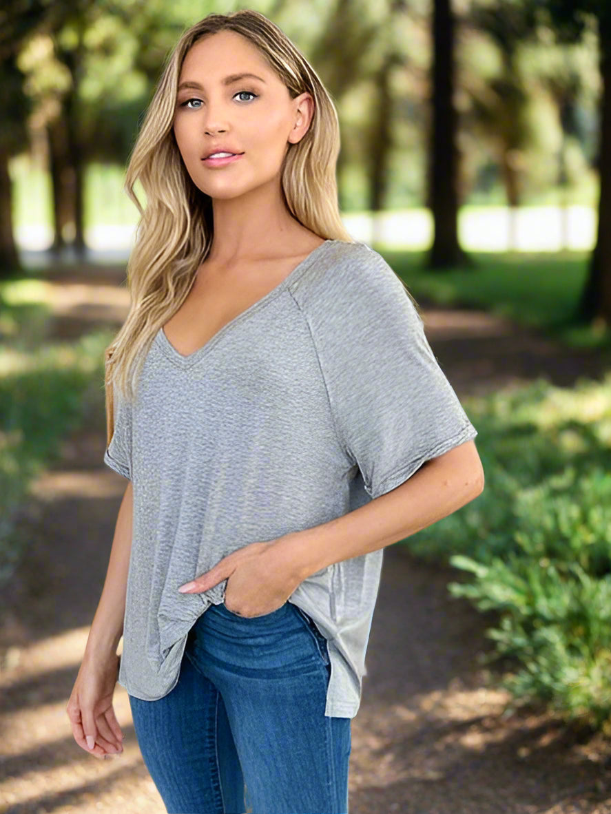 Basic Bae Full Size Bamboo Slit V Neck Short Sleeve T Shirt - Chic Yana's Fashion
