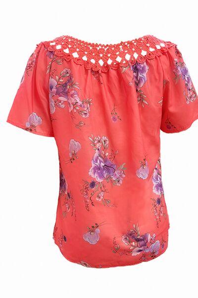 Full Size Printed Tie Neck Short Sleeve Blouse - Chic Yana's Fashion