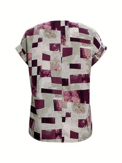 Printed Notched Short Sleeve Blouse - Chic Yana's Fashion