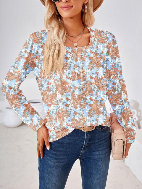 Full Size Square Neck Long Sleeve Blouse - Chic Yana's Fashion