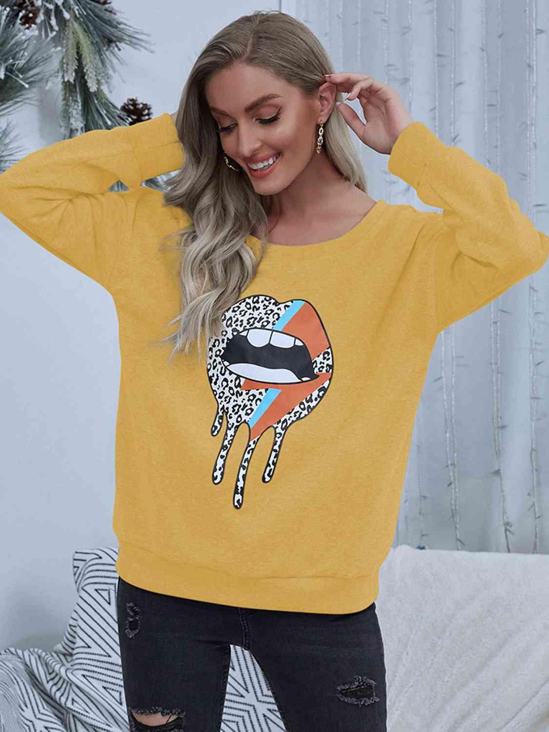 Shiny Lip Graphic Round Neck Sweatshirt - Chic Yana's Fashion