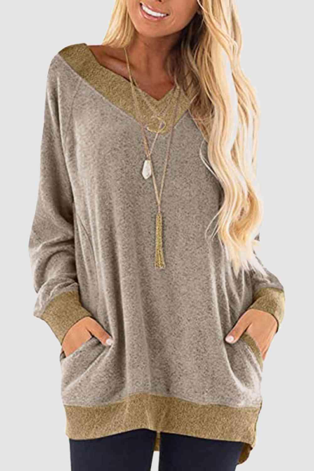 V Neck Long Sleeve Sweatshirt With Pockets - Chic Yana's Fashion