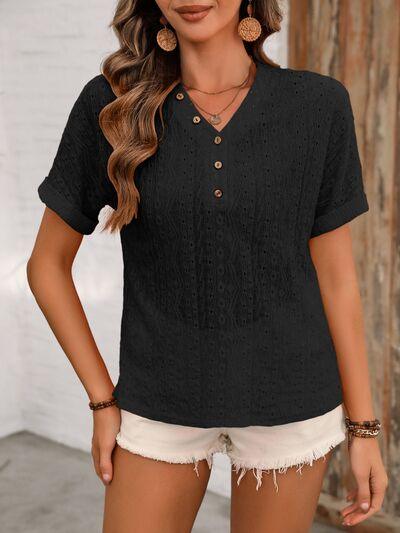 Ivy Lane Eyelet V Neck Short Sleeve Top - Chic Yana's Fashion