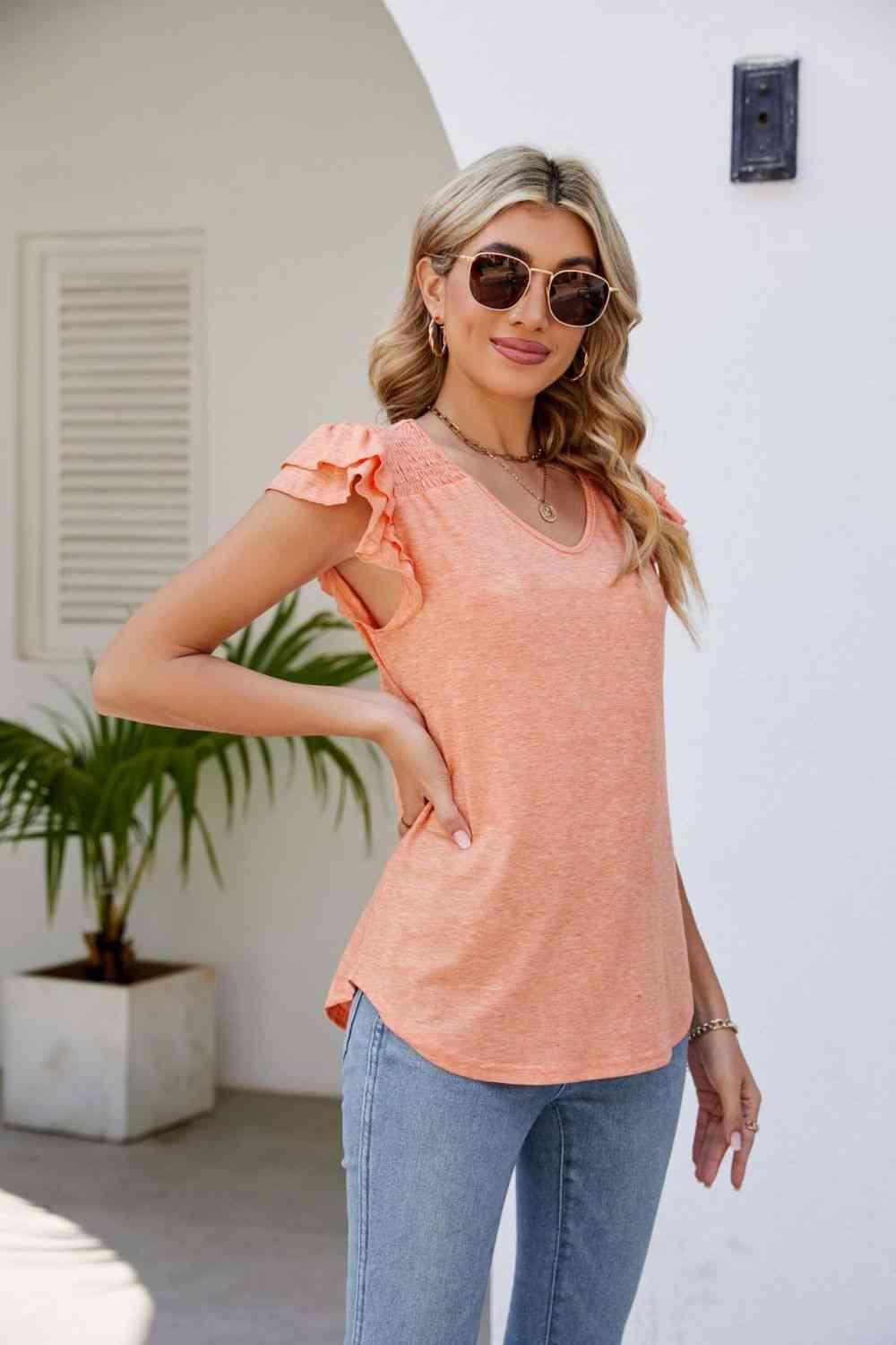 Smocked Flutter Sleeve V Neck Top - Chic Yana's Fashion