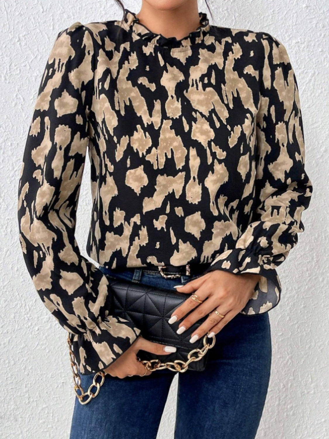 Frill Leopard Mock Neck Flounce Sleeve Blouse – A Tops designed for style and comfort.