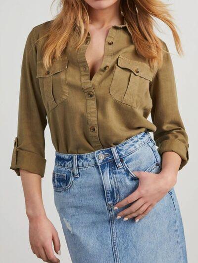 Collared Neck Roll Tab Sleeve Denim Top - Chic Yana's Fashion