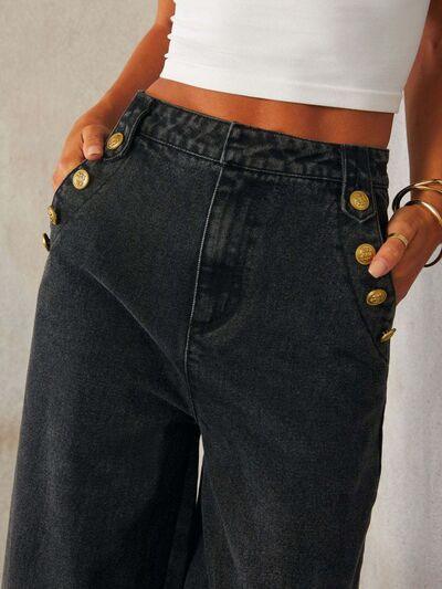 Button Decor High Rise Wide Leg Jeans - Chic Yana's Fashion