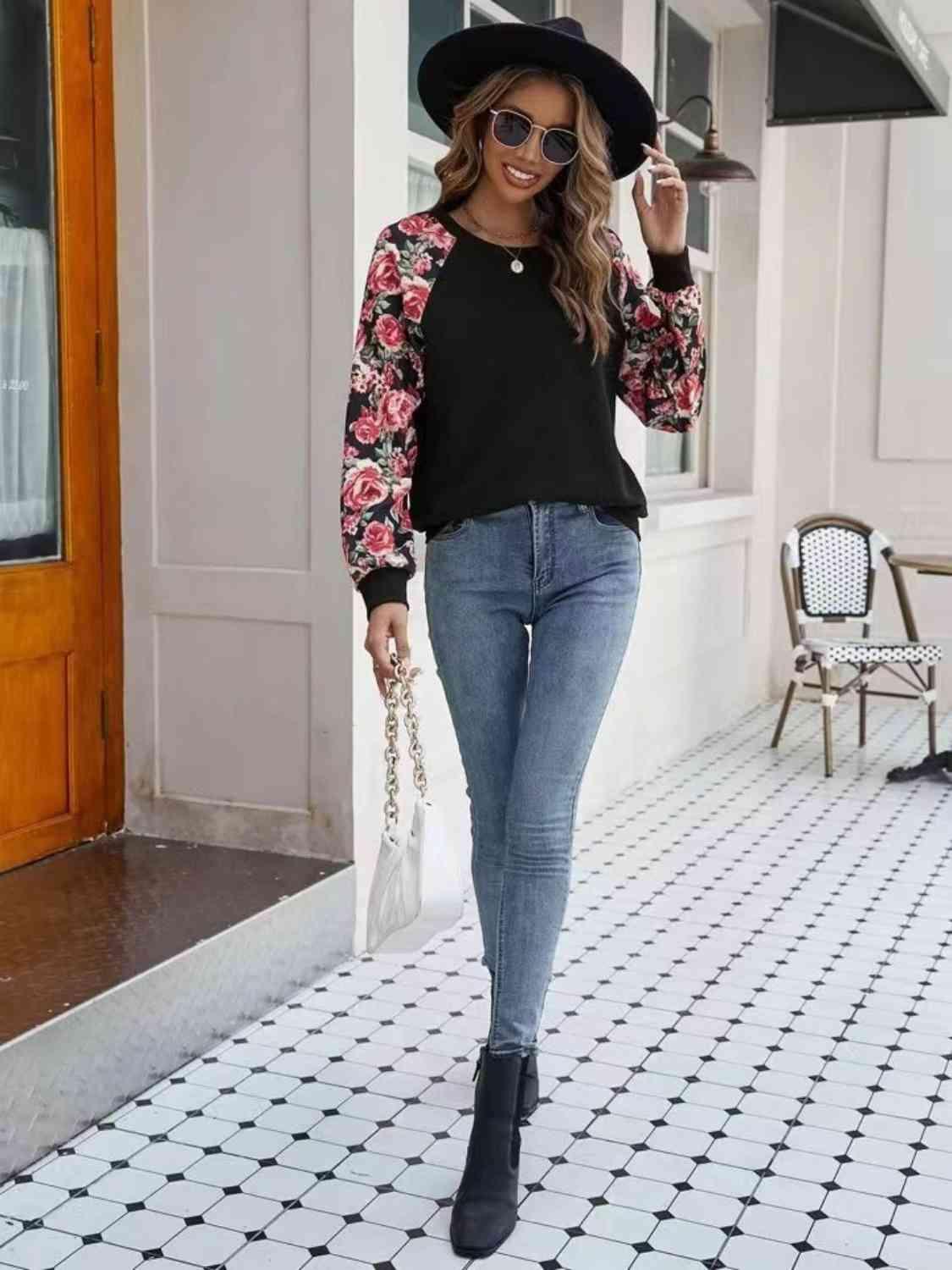 Floral Raglan Sleeve Round Neck Sweatshirt - Chic Yana's Fashion