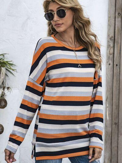 Full Size Striped Round Neck Long Sleeve T Shirt Plus Size - Chic Yana's Fashion