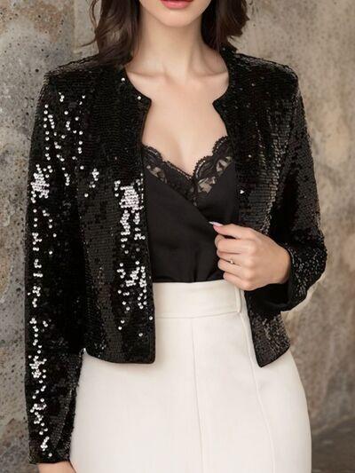 Full Size Sequin Open Front Cropped Jacket - Chic Yana's Fashion