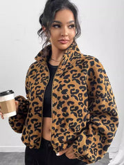 Close-up of Leopard Zip Up Long Sleeve Jacket, showcasing high-quality fabric and design.