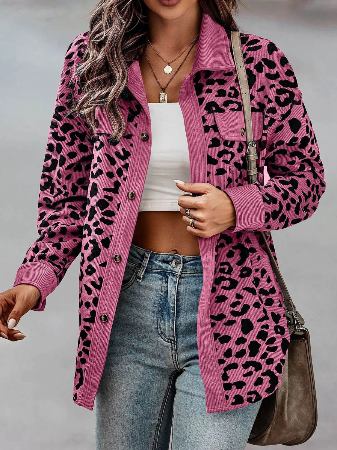 Flattering fit and modern design make the Full Size Leopard Collared Neck Button Up Long Sleeve Jacket a standout piece.