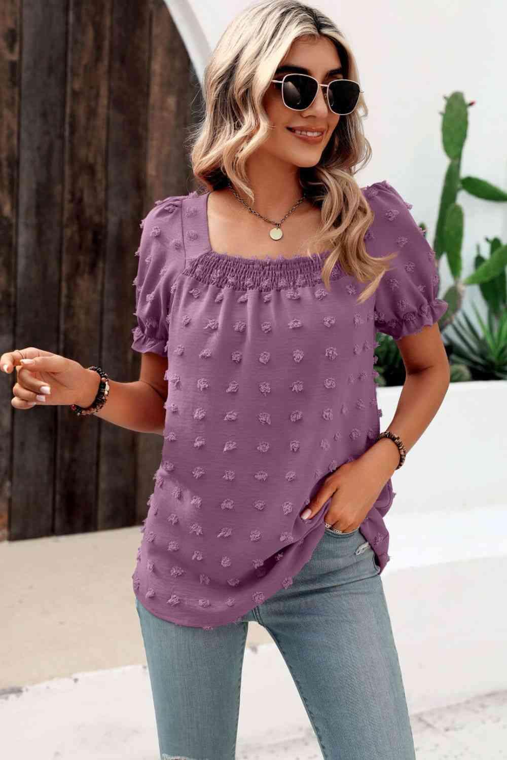 Mandy Swiss Dot Puff Sleeve Square Neck Blouse - Chic Yana's Fashion