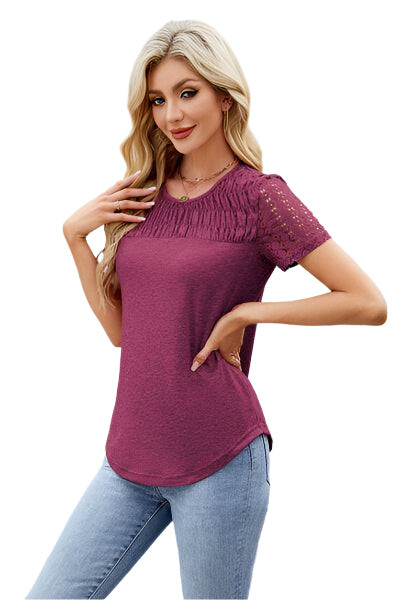 Smocked Round Neck Short Sleeve T Shirt 1 - Chic Yana's Fashion