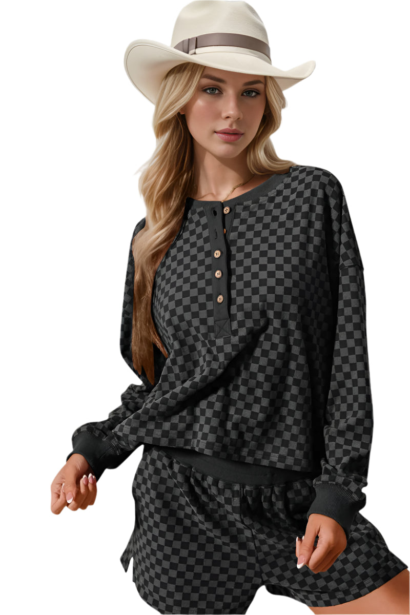 Double Take Checkered Half Button Top and Shorts Set - Shop Now at Chic Yana's Fashion