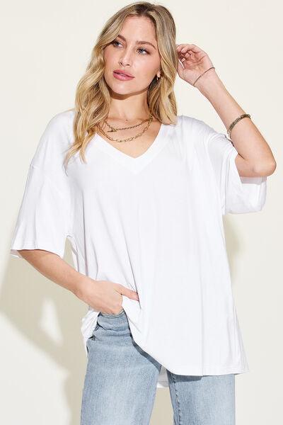 Basic Bae Full Size Bamboo V Neck Drop Shoulder T Shirt - Chic Yana's Fashion