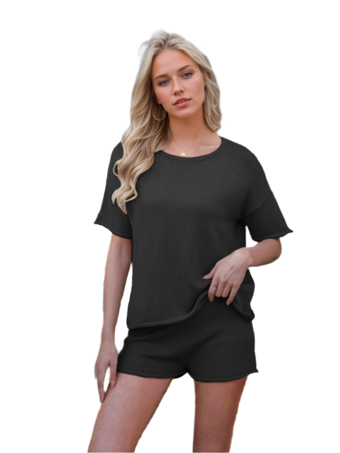 Round Neck Short Sleeve Top and Shorts Sweater Set - Shop Now at Chic Yana's Fashion