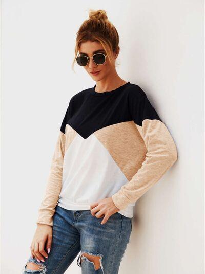 Color Block Round Neck Long Sleeve Top - Chic Yana's Fashion