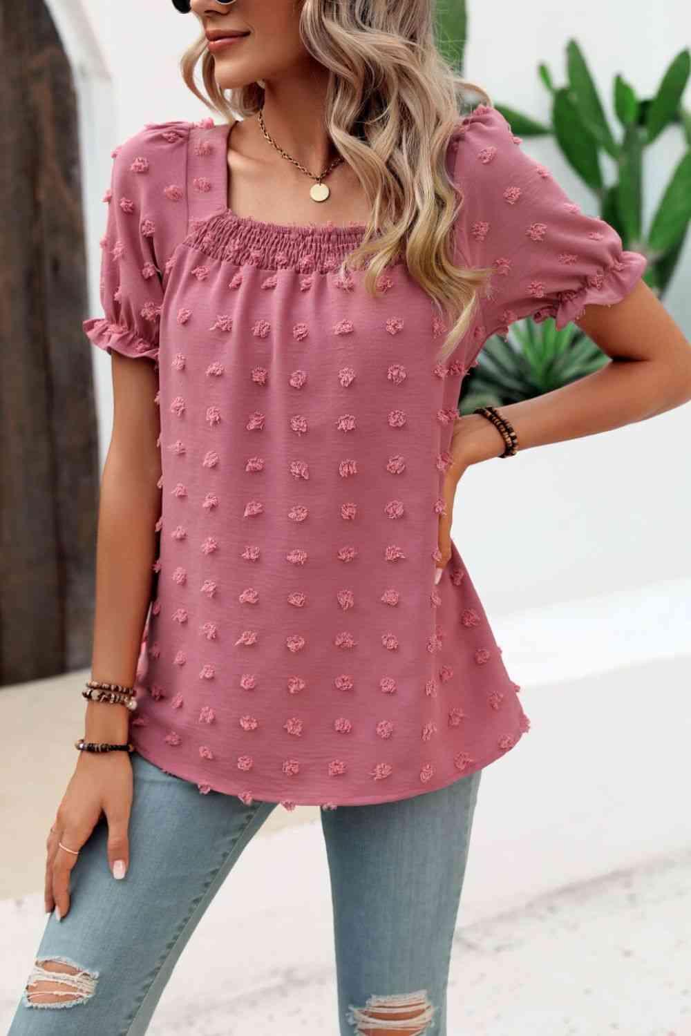 Mandy Swiss Dot Puff Sleeve Square Neck Blouse - Chic Yana's Fashion