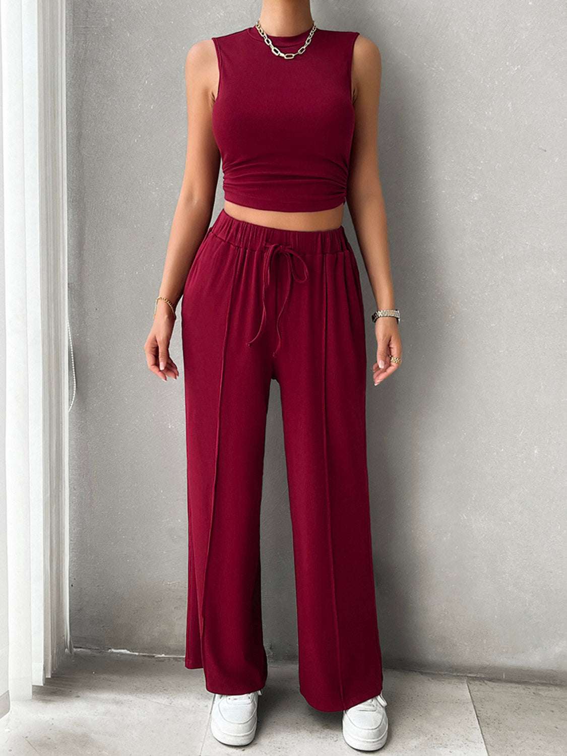 Devine Mock Neck Sleeveless Top and Drawstring Pants Set – Chic Yana’s Fashion
