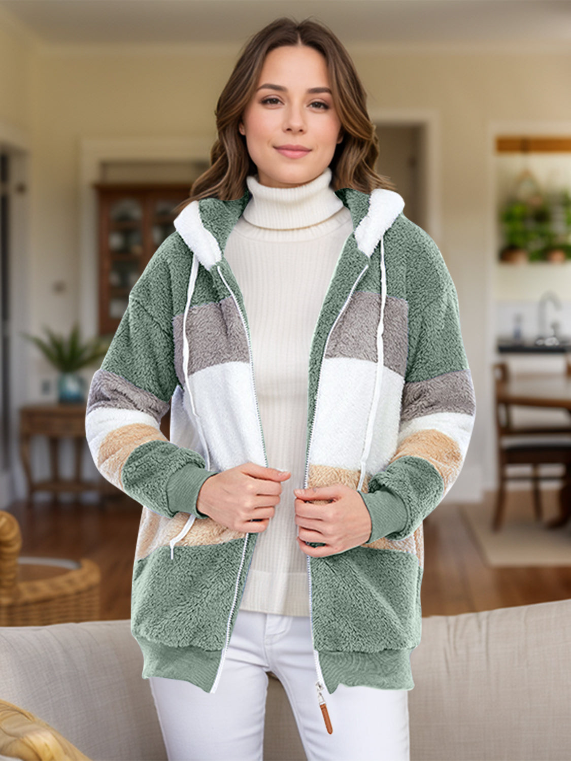 Full Size Drawstring Color Block Zip Up Hooded Outerwear - Chic Yana’s Fashion