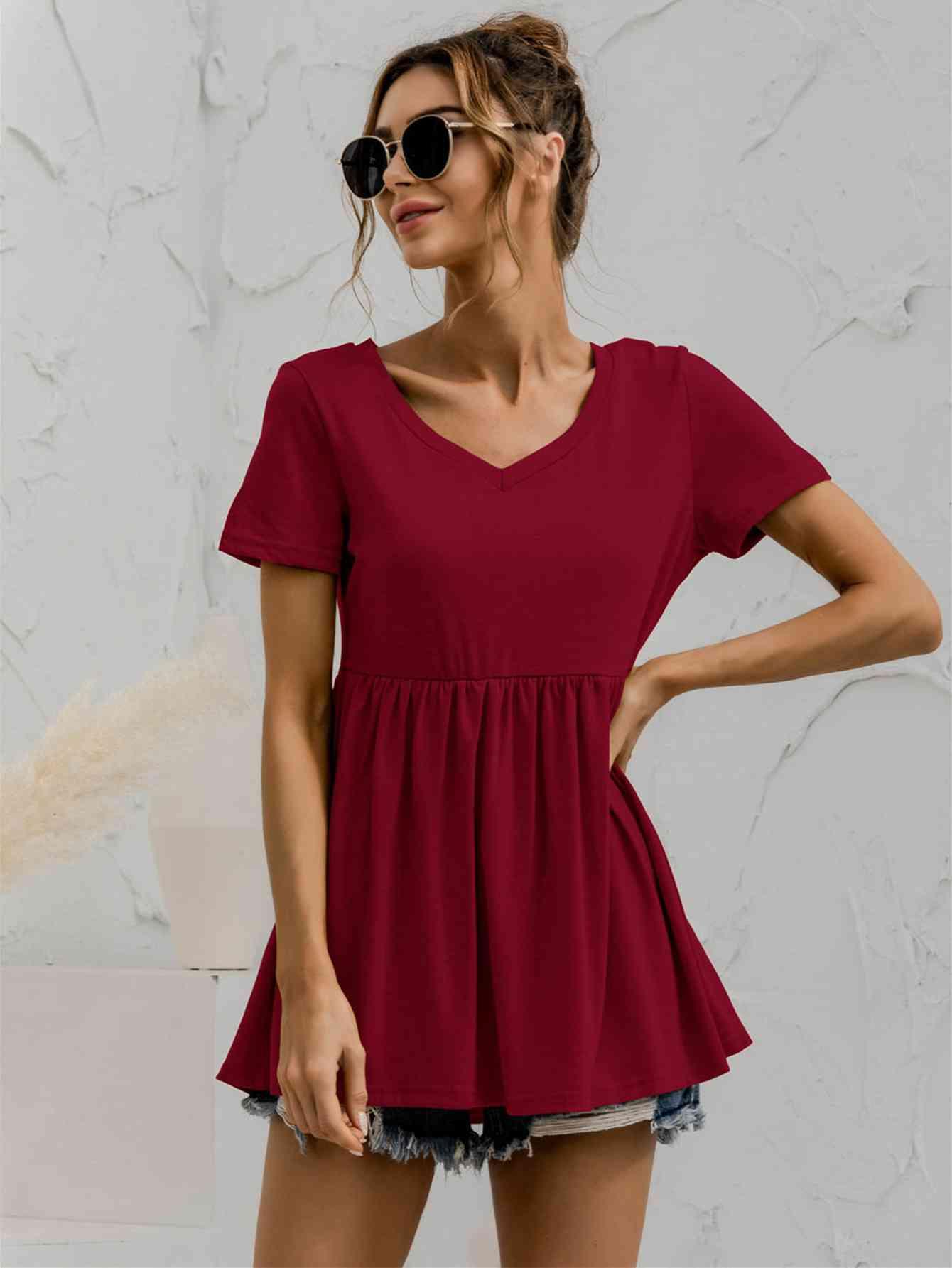 V Neck Short Sleeve Babydoll Top - Chic Yana's Fashion